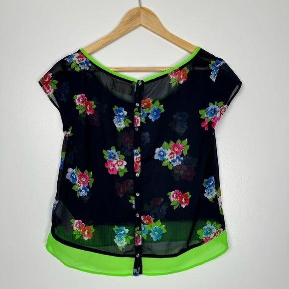 Hollister Womens Sheer Floral Blouse Small Navy Neon Green Crop Button Back - Picture 2 of 10